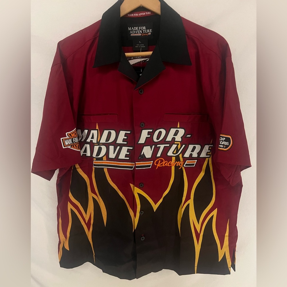 Vintage Harley Davidson Made For Adventure Racing Flame Button Up Shirt Size L